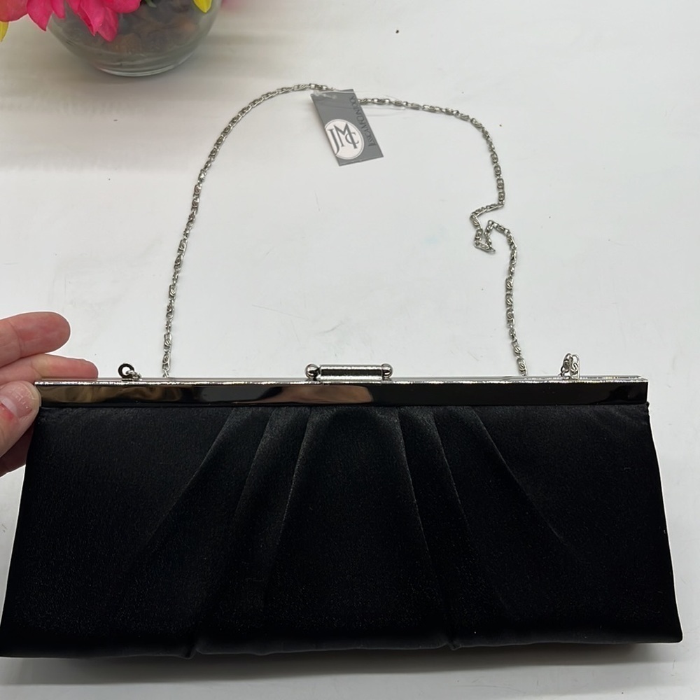Jessica McClintock NWT Black Satin Formal Evening Bag w/ crossbody chain SM2245